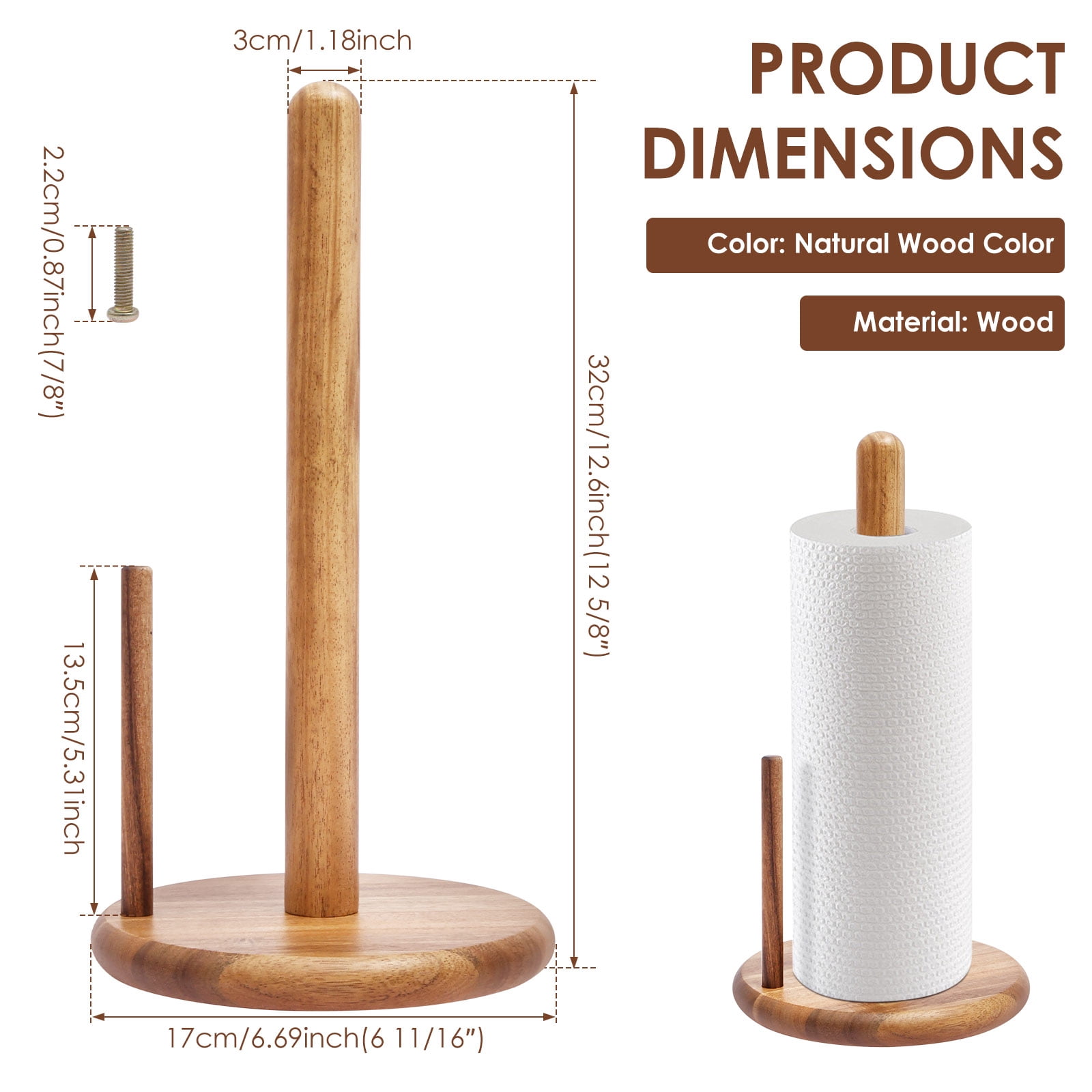 Wood Paper Towel Holder for Kitchen Countertop, Acacia Decorative Standing Farmhouse Paper Towel Roll Dispenser with Stable Non-Slip Base