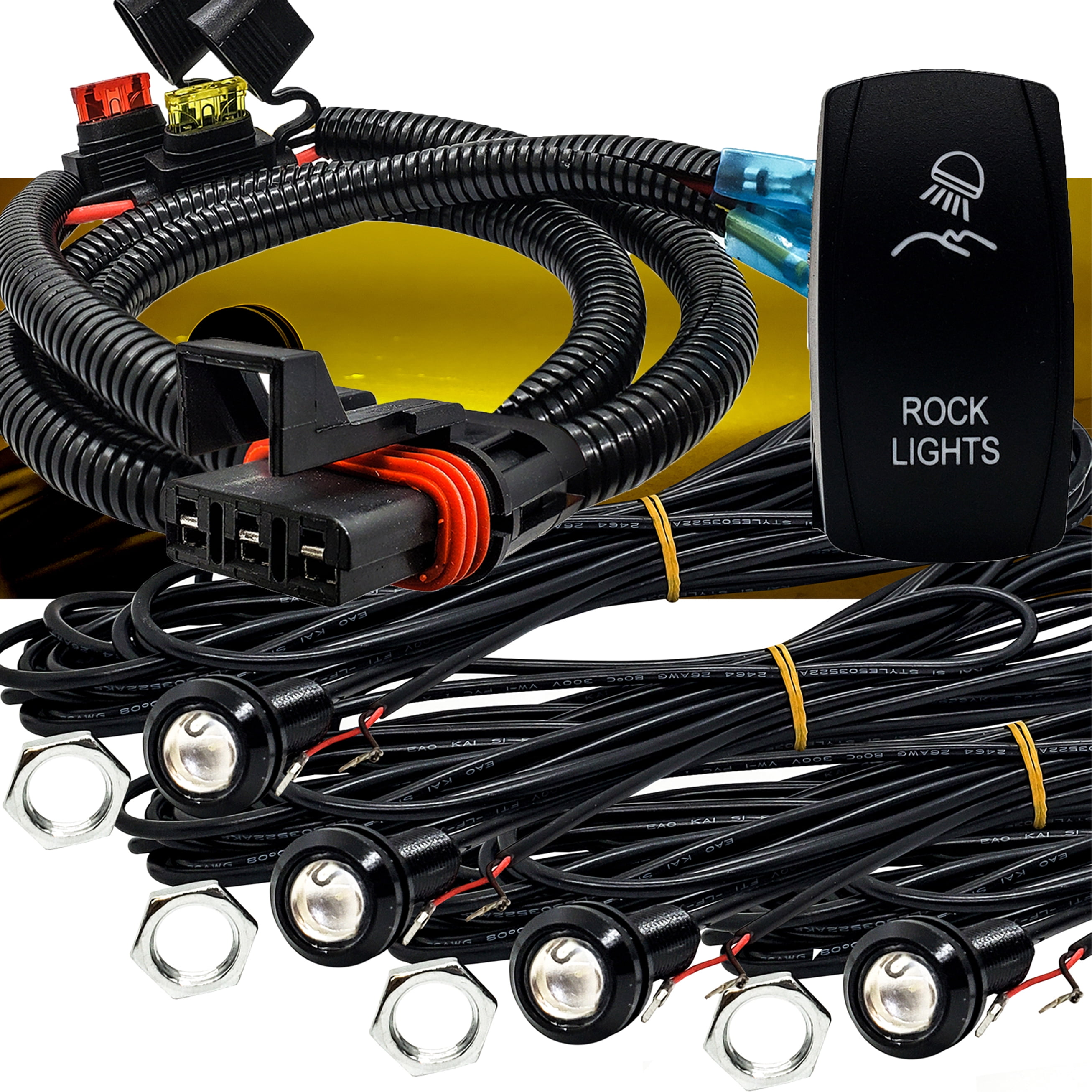 OZ-USA Amber LED Rock Light Kit 5/8 Inch Bolt Beam with Plug & Play Power Bus Bar Wire Harness Compatible with Polaris Pulse RZR Pro Ranger Crew XP 2018-2023
