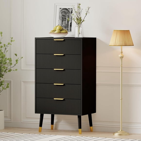 Bingirl Commode Moderne pour Chambre à Coucher à 5 Tiroirs en Bois : Organisateur de Rangement Idéal pour Garde-Robe, avec Petites Tables de Nuit Cannelées