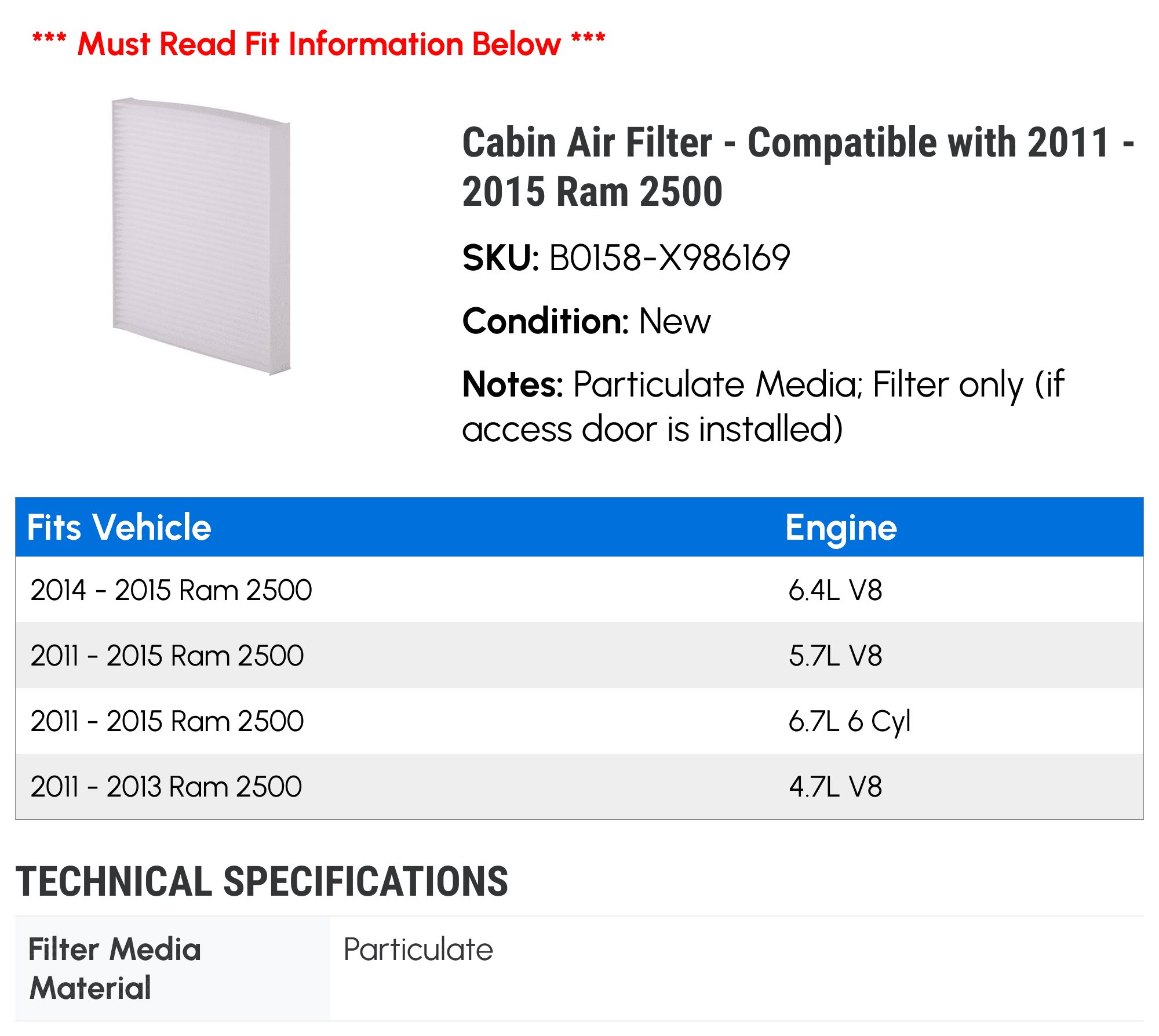 Cabin Air Filter - Compatible with 2011 - 2015 Ram 2500 2012 2013 2014