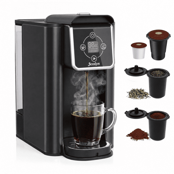 Jesslyn 3 in 1 Single Serve Coffee Maker: Coffee Machine Compatible with K Cup Capsules & Grounds, Instant Coffee Pot, Tea Maker Brewer - Removable 50 Oz Water Reservoir, 120V 1150W, Black
