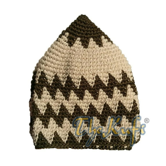 Hand-Crocheted Cotton Sturdy Dark Olive Green & Latte Zigzag Kufi Hat ()
