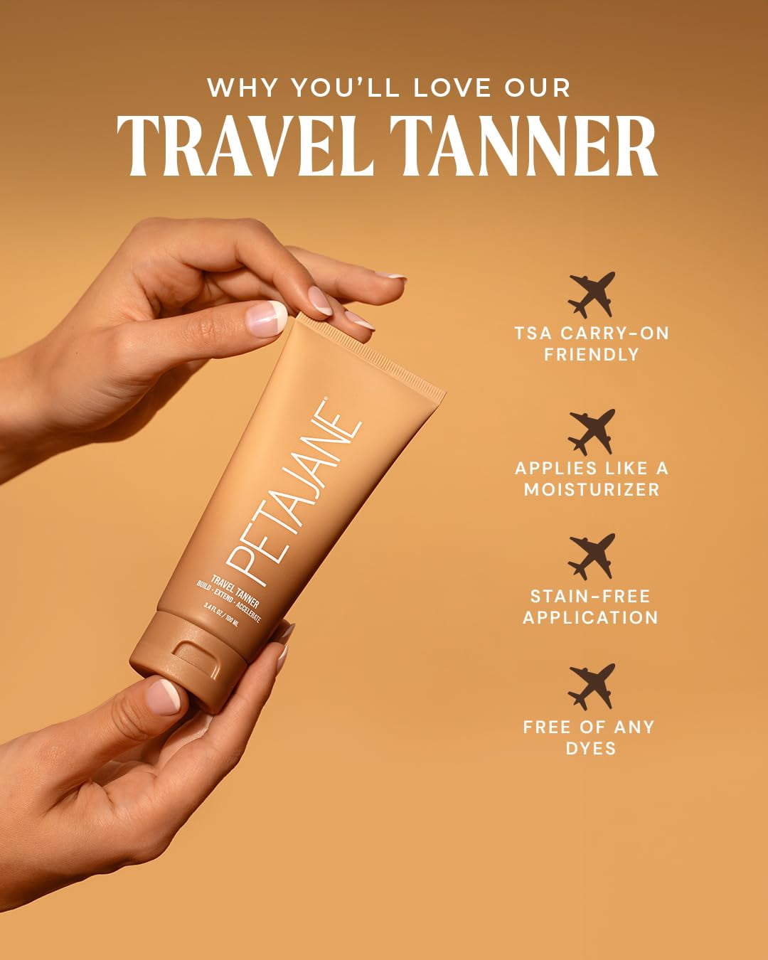 Peta Jane Travel Self-Tanning Lotion - Made in the USA - Lightweight, Streak-Free, Non-Sticky, Hydrating Sunless Tanner, 3.4oz