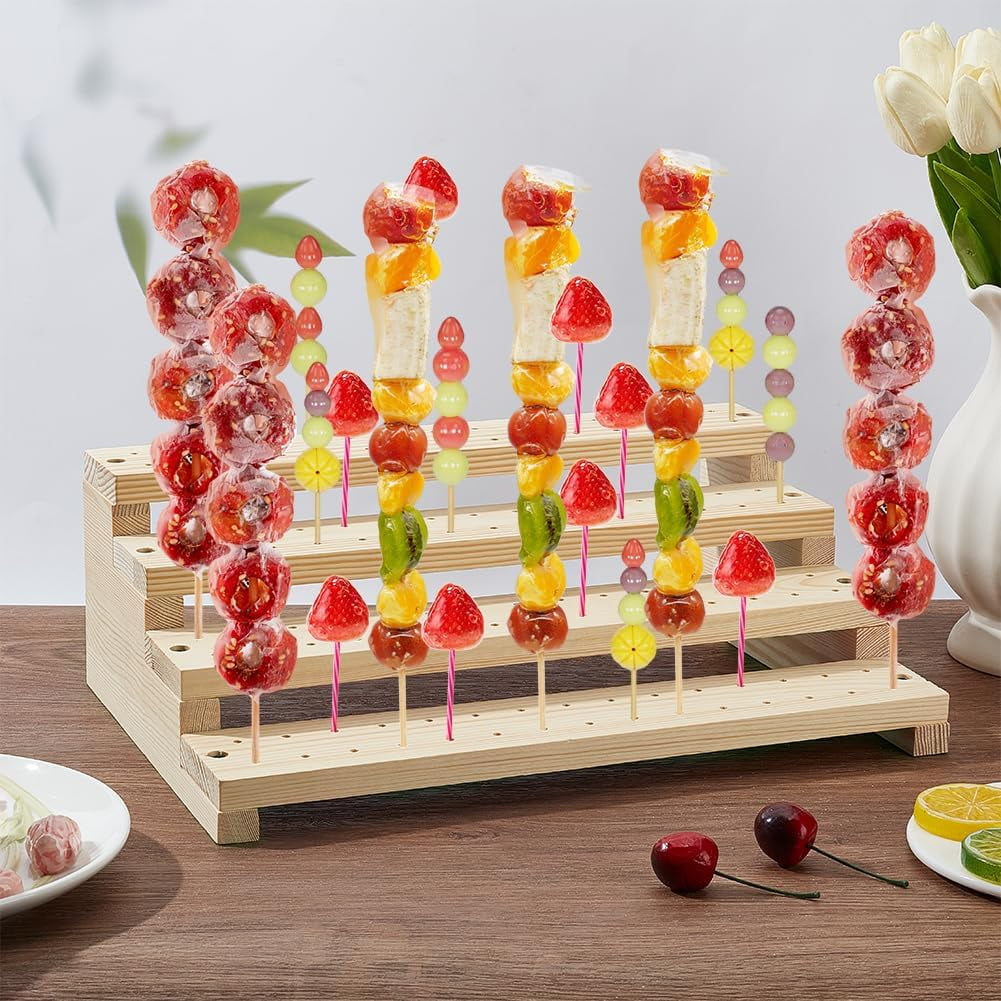 Wood Skewer Holder 120 Holes Wooden Pick Stand 4 Tier Buffet Display Board Multi Level Display Stands Pick Holder For Buffets Banquets Cocktail Party Catering Events Supplies