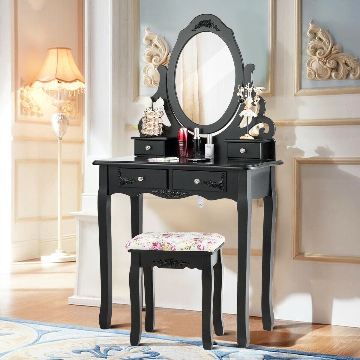 Gymax Vanity Makeup Dressing Table Stool Set w/ Mirror& 4 Drawers