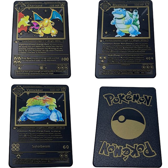 Juego de Base de Metal negro de 1ª edición, cartas doradas de Pokémon con Charizard Blastoise y Venusaur, juguetes de tarjetas de colección Fivean unisex