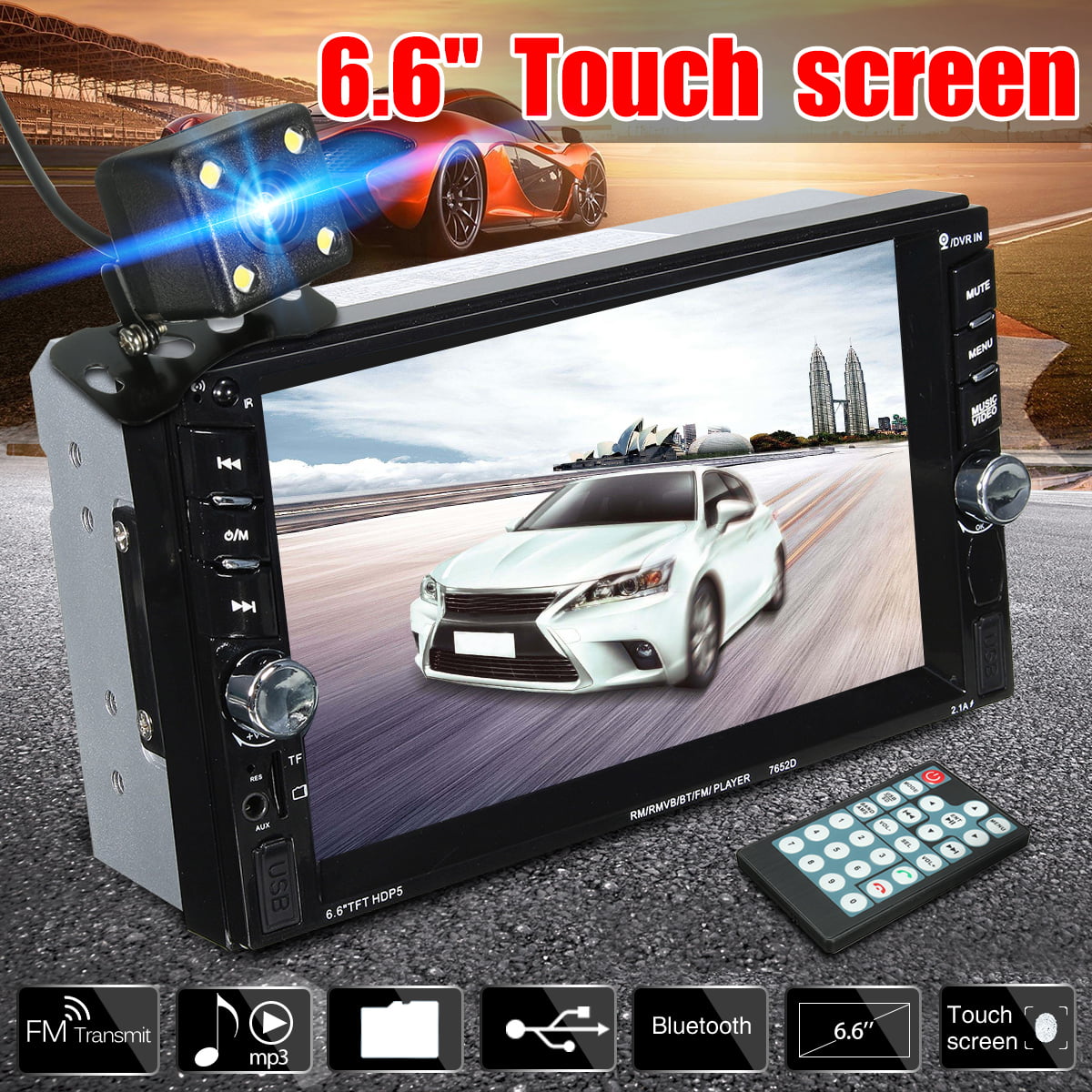 6.6" Car MP5 Player Digital Touch Screen AM FM Bluetooth Stereo Radio w/Camera 