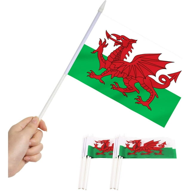 Anley Wales Mini Flag 12 Pack - Hand Held Small Miniature Welsh Flags on Stick - 5x8 Inch with Solid Pole & Spear Top