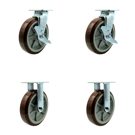 8 Inch Polyurethane Caster Set with 2 Brakes/Swivel Lock 2 Rigid Service Caster