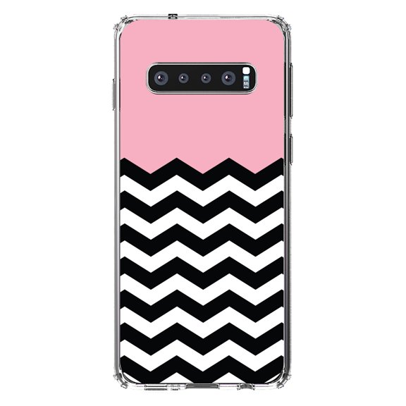 DistinctInk Clear Shockproof Hybrid Case for Samsung Galaxy S10 (6.1" Screen) - TPU Bumper, Acrylic Back, Tempered Glass Screen Protector - Black White Pink Chevron - Black & White Stripes Pattern