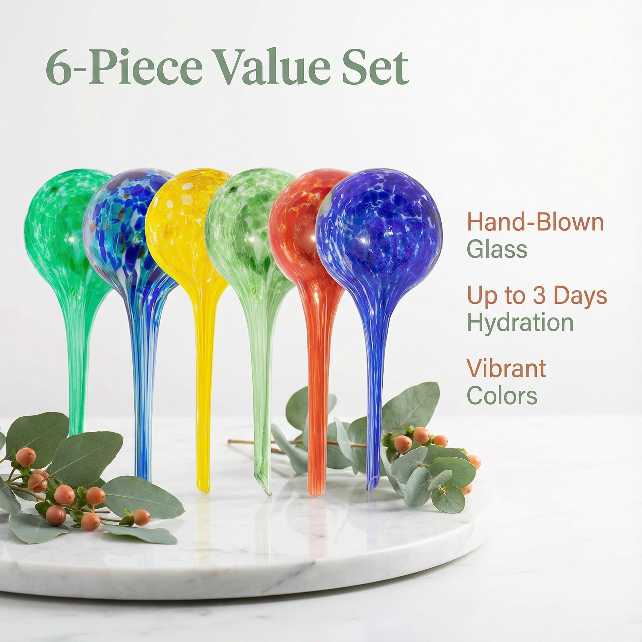 6-Pack  Handmade Plant Watering Globes - Self Watering Bulbs for Indoor & Outdoor Plants - Hand-Blown & Colorful Water Globes - Aqua Globes for Plants - Glass - Measures 6" L x 2.5" D - 3.5 oz