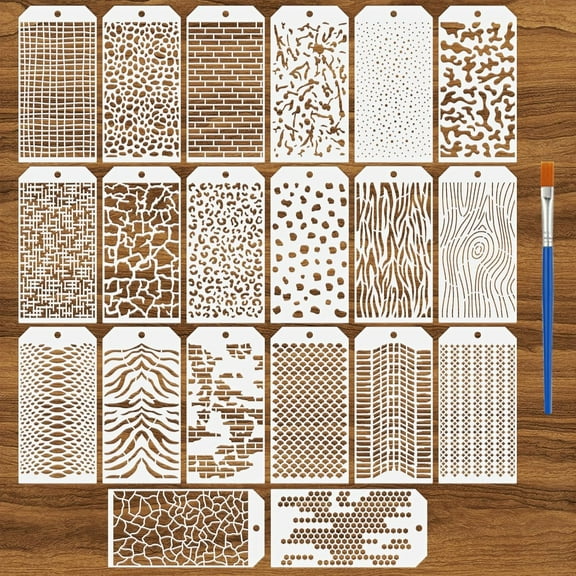 20PCS Stencils for Crafts Mixed Media Art Stencils Label Texture Stencil for Painting Reusable Layering Stencil with Brushes Background Templates for Drawing Card Making DIY Crafts