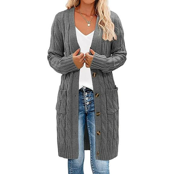 Qetyuw Women's Cable Knit Long Cardigan Casual Button Down Long Sleeve Cardigans Coat Soft V Neck Sweater Jacket