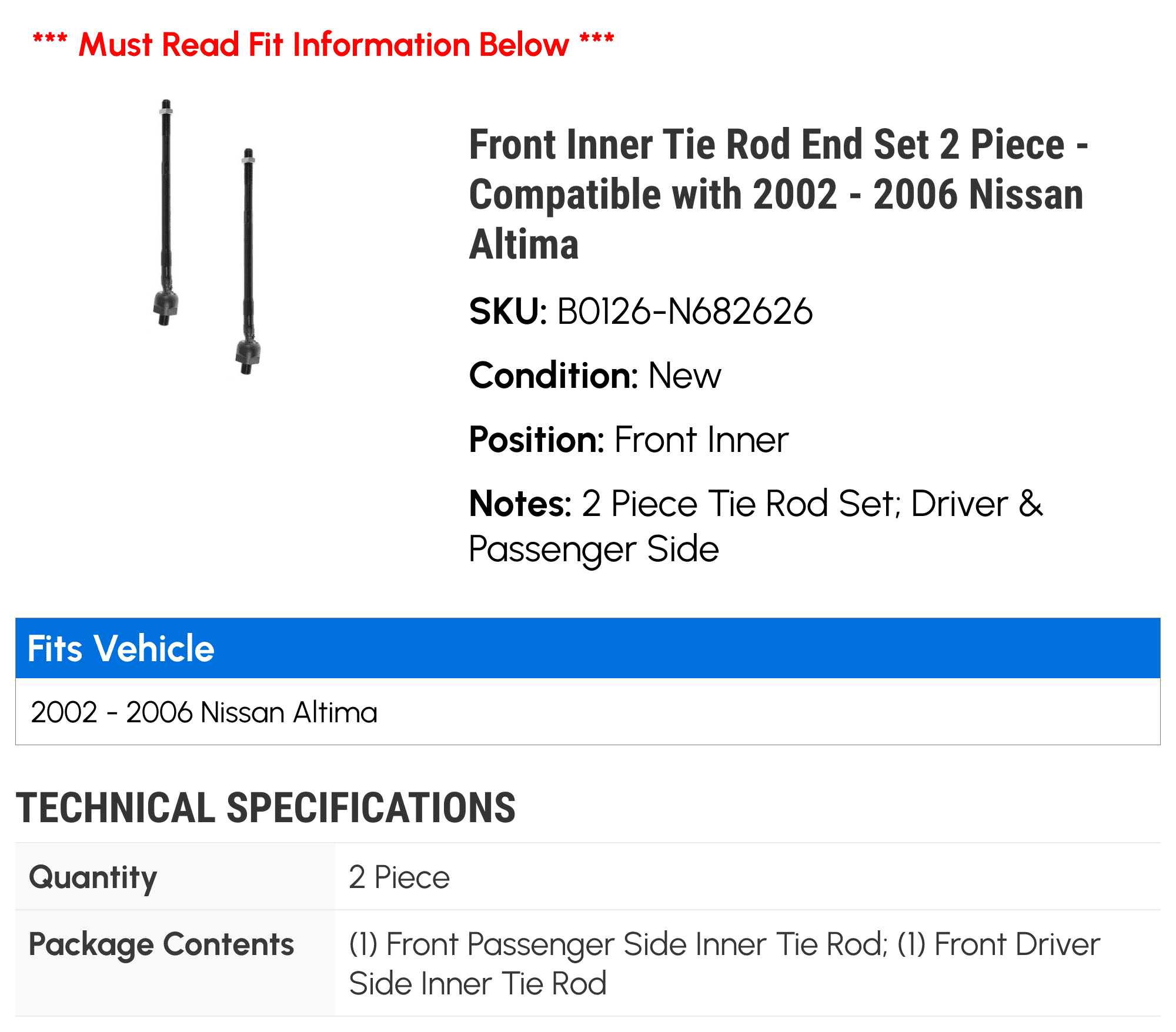 Front Inner Tie Rod End Set 2 Piece - Compatible with 2002 - 2006 Nissan Altima 2003 2004 2005