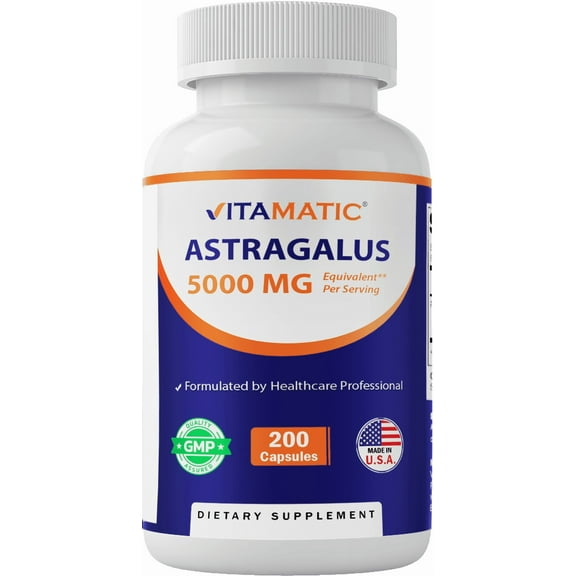 Vitamatic Astragalus Capsules 5000mg Supplement - 200 Veg Capsules - 10:1 Astragalus Extract 500mg Equal to 5,000mg Astragalus Root Powder - Non-GMO, Gluten-Free