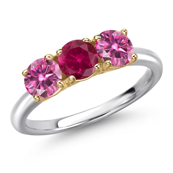 Gem Stone King 925 Silver and 10K Yellow Gold Red Created Ruby and Pink Moissanite Engagement Ring for Women | 1.60 Cttw | Round 5MM | Gemstone July Birthstone | Size 7