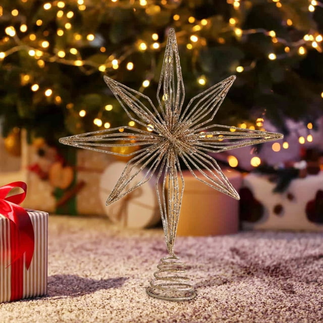 Fiudx Estrella Dorada Brillante para La Copa Del Árbol, Diseño Hueco de Metal 3D, Base Estable para La Copa Del Árbol, Decoración para Árbol de Navidad de Interior, Ideal para Fiestas de Oficina o Na