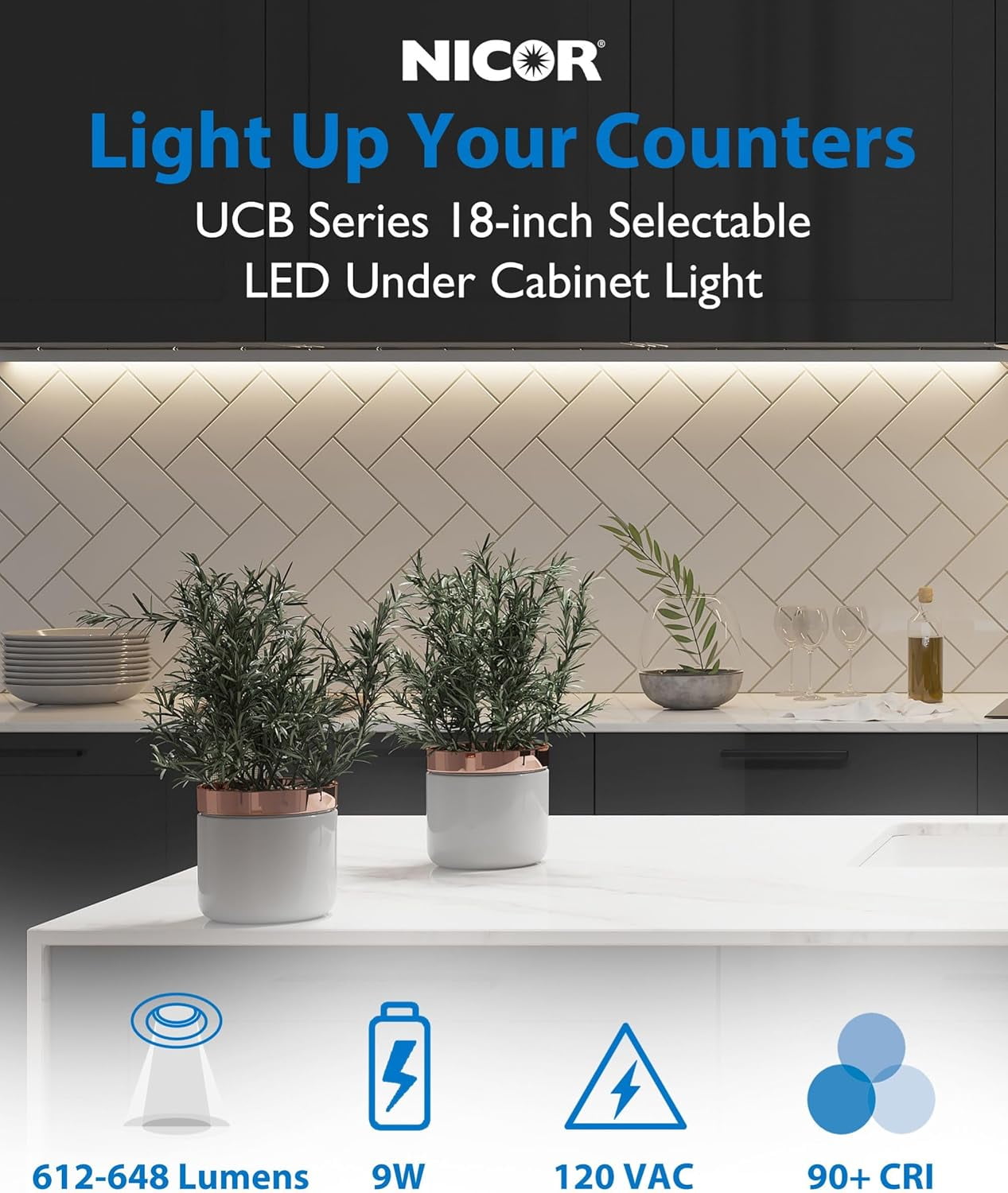 18” LED Direct Wire Under Cabinet Light - Dimmable Undercounter LED Lights for Kitchen - Selectable CCT 2700K-5000K, 612-648 Lumens, 9W - UCB Series Hardwired Under Cabinet Lighting by Lighting