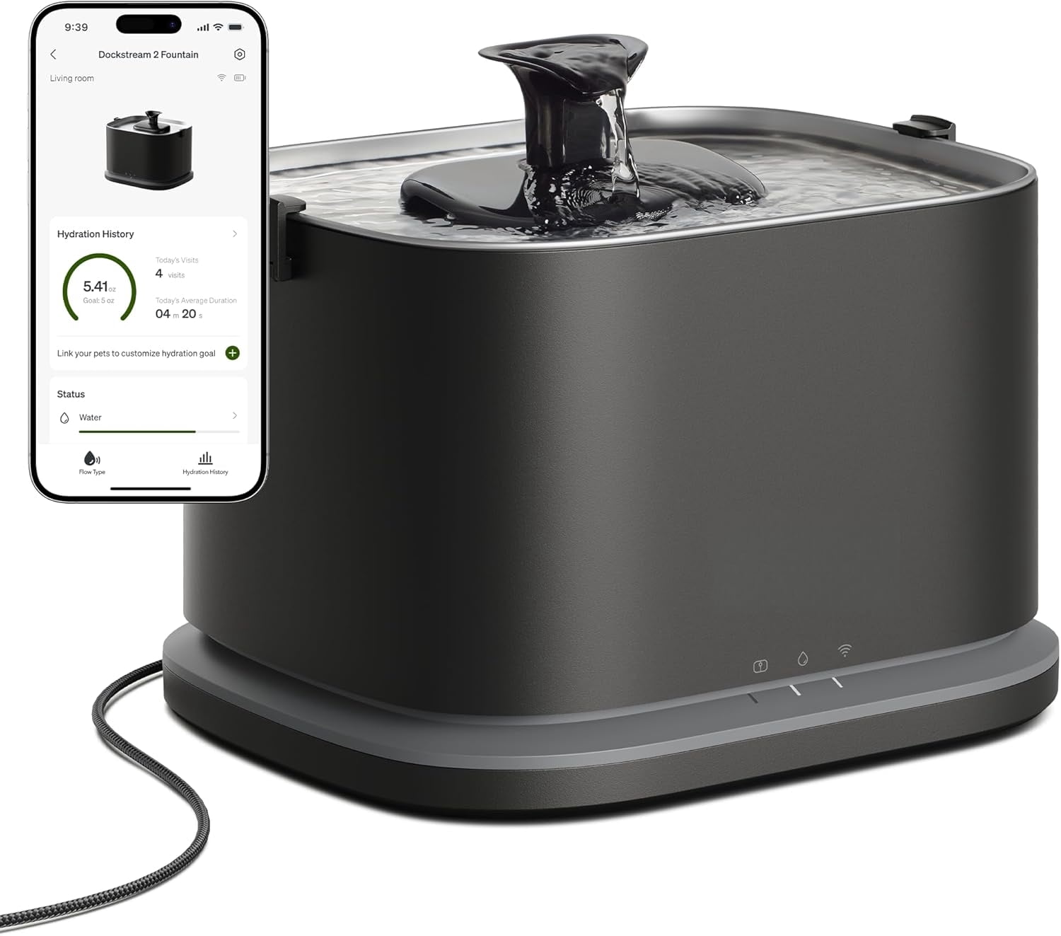 Upgrade Cat Water Fountain Stainless Steel Tray, Dockstream 2 Cat Fountain Indoor, 3L/101oz Auto Cat Fountains for Drinking, App Monitoring Pet Water Fountain Dog, 5G WiFi Cat Water Dispenser