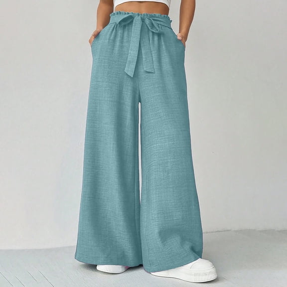 LEKWK Wide Leg Pants Woman High Waisted Drawstring Casual Pants with Pockets Loose Fit Comfy Palazzo Pants Spring Summer Fashion Outfits