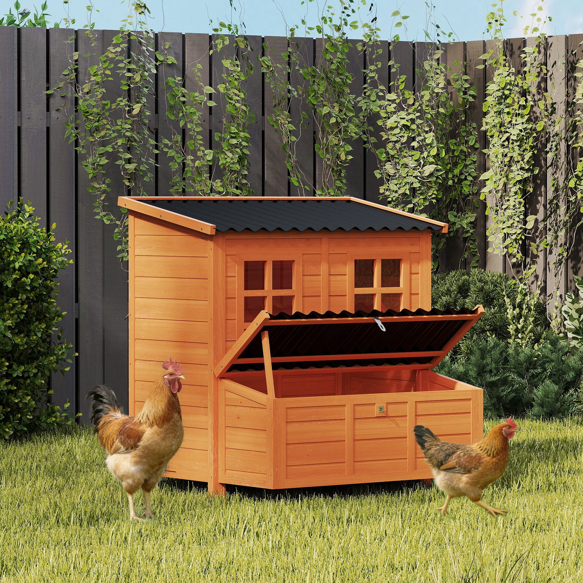 PawHut Wooden Chicken Coop, 39" Chicken House with Nesting Box, Pull-Out Tray, Waterproof Roof, for 2-4 Chickens, Rabbits, Orange