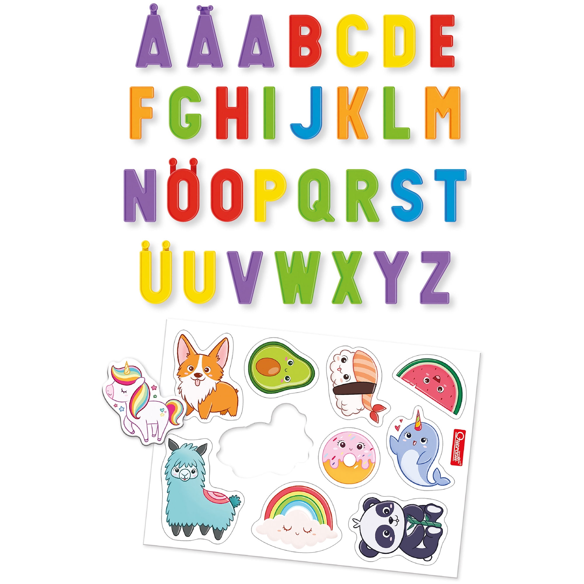 Quercetti: Magnetic Tablet - Double-Sided Magnet-White Board, Letters-Animals-Food Themed Magnets, Spelling Learning Tool, Educational Toy, Kids 4+