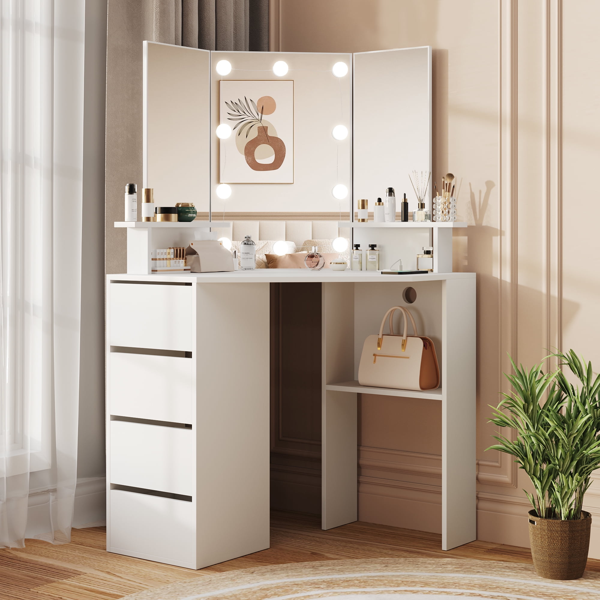 Veanerwood White Corner Vanity Desk with Mirror and Light,Makeup Table with 4 Drawers and Charging Station for Bedroom