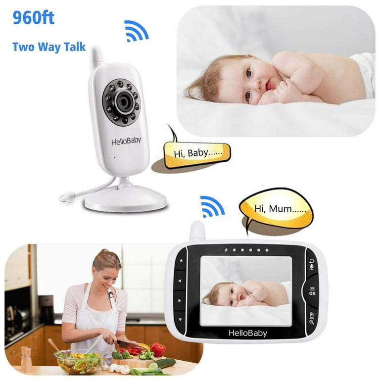 Hello Baby Video Baby Monitor with Camera and Audio, Keep Babies Nursery  with Night Vision, Talk Back, Room Temperature, Lullabies, 960ft Range and  Long Battery Life 
