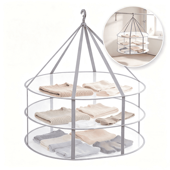 Foldable 3-Tier Hanging Drying Rack, Space-Saving Mesh Clothes Dryer with Rotating Locking Hook, 30.3" L x 24.5" W x 30.7" H