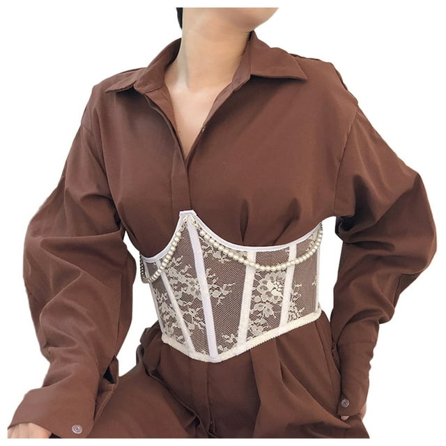Women Pearl Lace Back Lace Up Tummy Corsets for Women Waist Trainer plus Size Long Torso Waist Trainer with Latex on inside Fitted Top Women Waist Bands for Exercise Bleeding Control Trainer