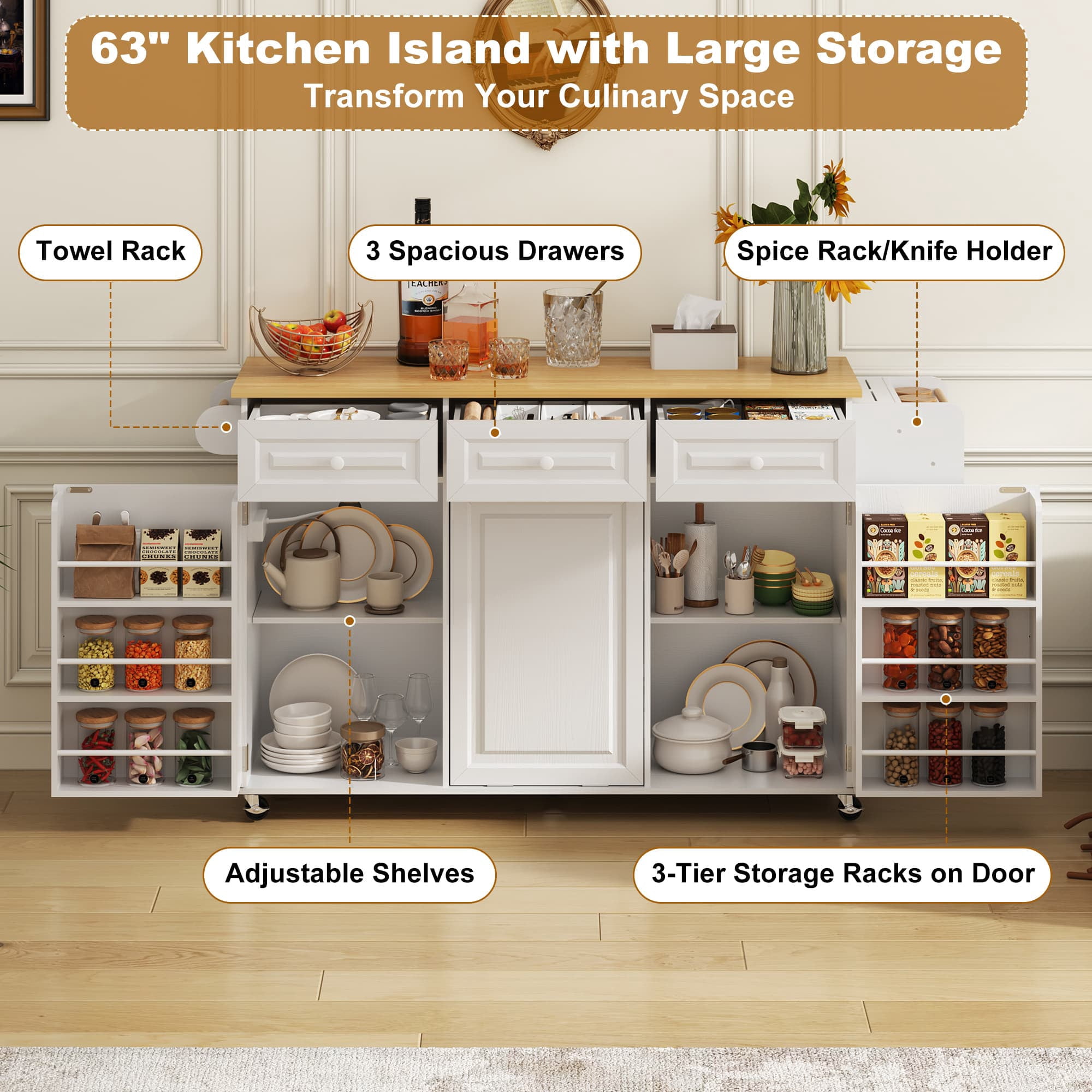 ANPOO Rolling Large Kitchen Island Cart with Sliding Drop Leaf, Trash Can Storage & Power Outlet, 7 Spice Racks, 63" White