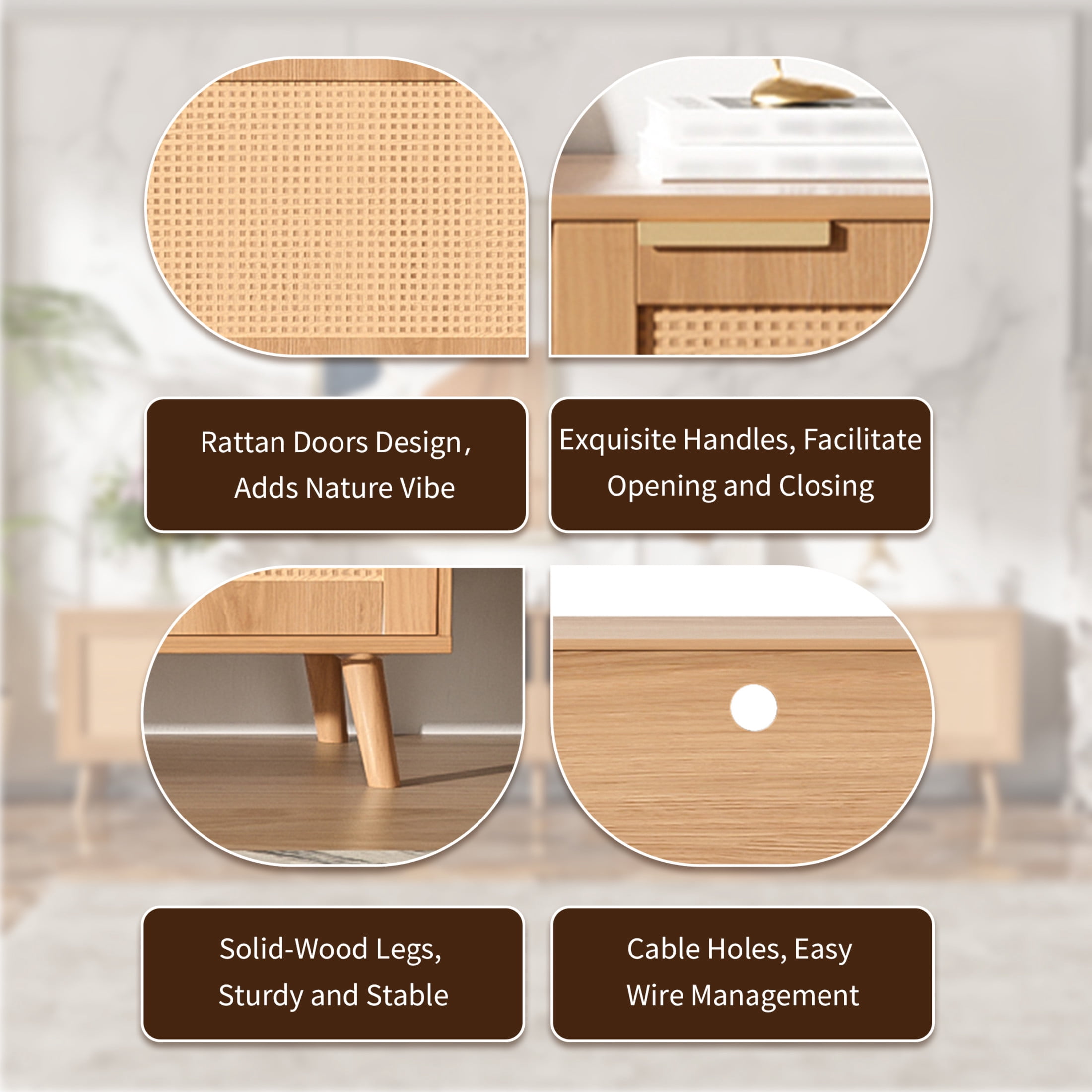 Noble House Rattan TV Stand for TVs up to 90 Inch with Storage Cabinets, Open Shelves, Wood