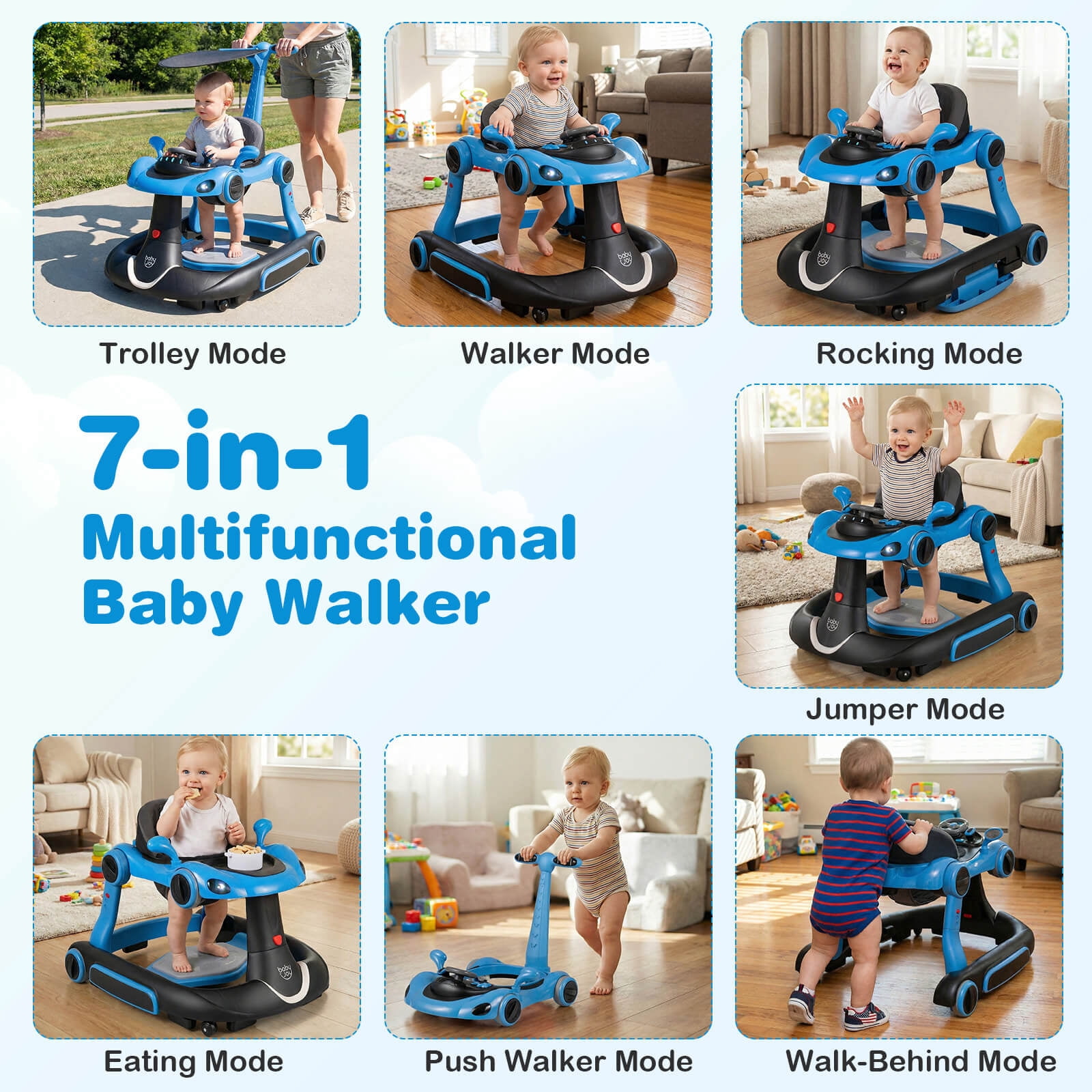 Babyjoy 6-in-1 Baby Walker with Canopy, Music, Lights, Speed/Height Adjustment & Wheels Blue + Black