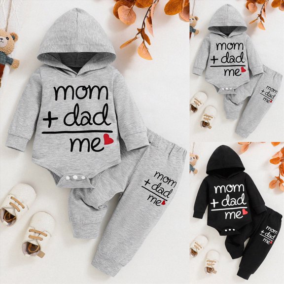 3-6 Months Newborn Baby Boy Clothes Plaid Letter Print Long Sleeve Hoodies Long Pants 2PCS Fall Winter Outfits Set Grey