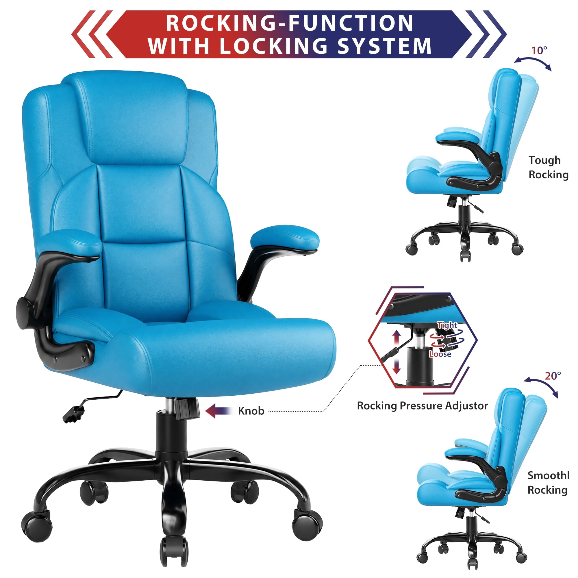 JONPONY Leather Office Chair, Big and Tall Office Chair 400LBS Wide Seat Ergonomic Computer Desk Chair High Back Executive Leather Chair Adjustable Task Chair Lumbar Back with 1-Year Warranty, Blue