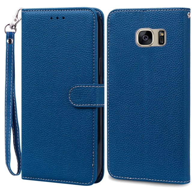 S7Edge Case For Samsung Galaxy S7 Case Leather Wallet On For Samsung S7 Edge Case Soft Flip Cover For Samsung S7 S 7 Edge Fundas Navy blue -Strap For Samsung S7