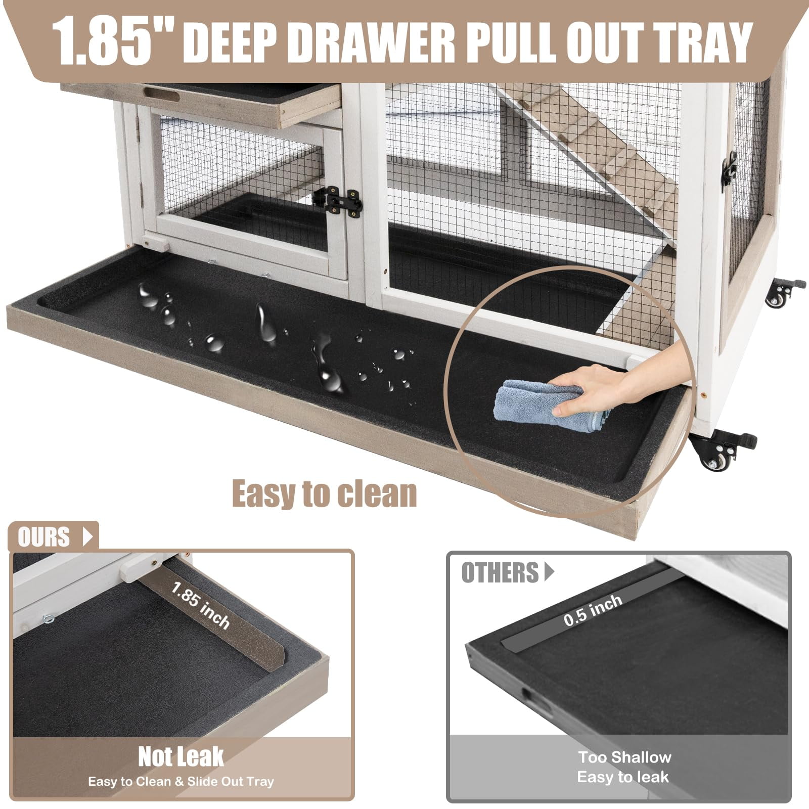 Rabbit Hutch Indoor Outdoor 40 Inch Large 2 Story Wooden Bunny Cage with Run, 4 Lockable Wheels & Deep Trays, UV Proof Panel Pet House for Rabbits Guinea Pigs Small Animals, grey