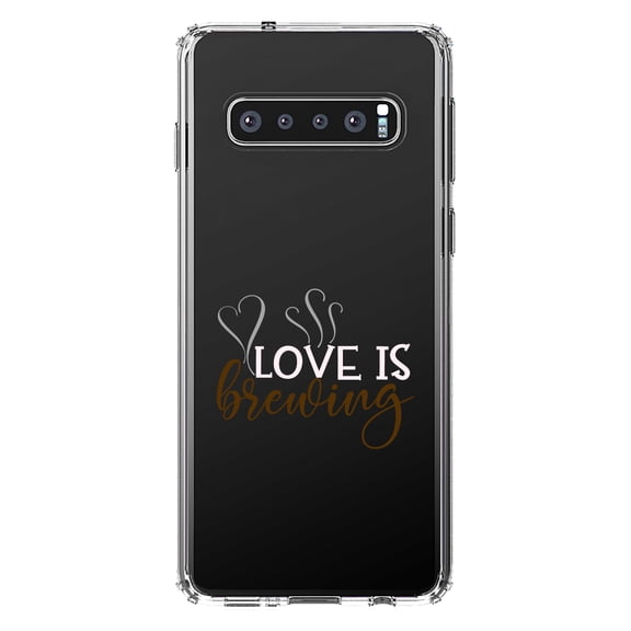 DistinctInk Clear Shockproof Hybrid Case for Samsung Galaxy S10 (6.1" Screen) - TPU Bumper Acrylic Back Tempered Glass Screen Protector - Love is Brewing - Coffee
