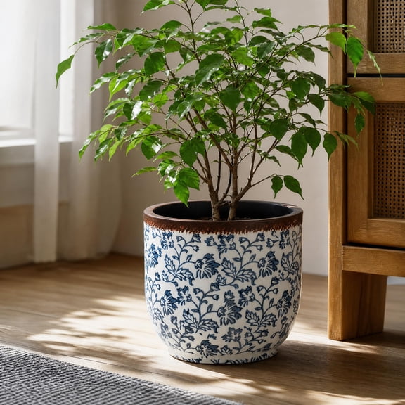 Haven Crest 12" Dia Round Ceramic Pot for Plant, Rustic Blue and White Floral Planters, Vintage Floral Pattern Outdoor Indoor Plant Pot