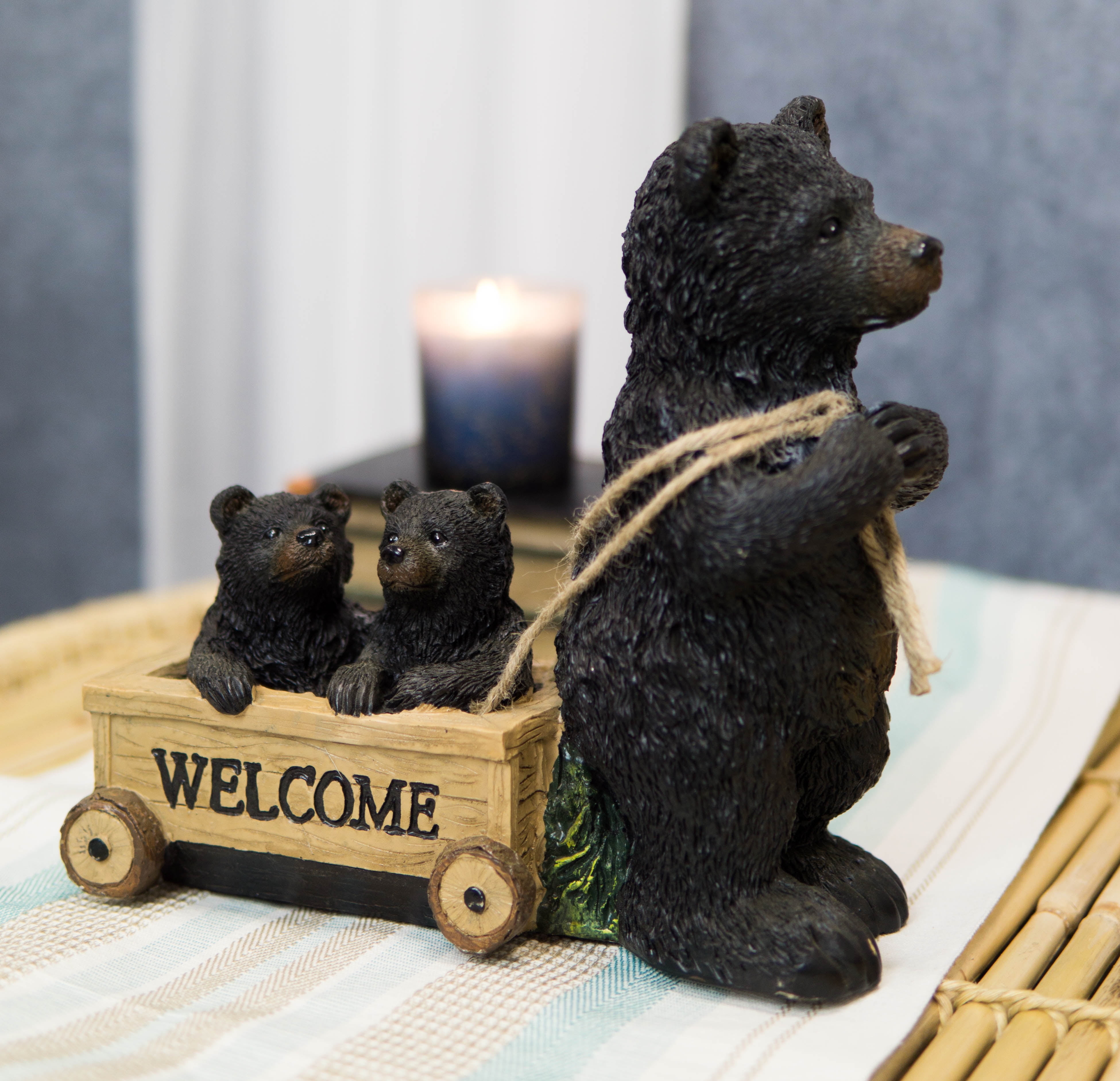 Rustic Black Bear Mother With Cubs Sitting in Wooden Cart Wagon Welcome