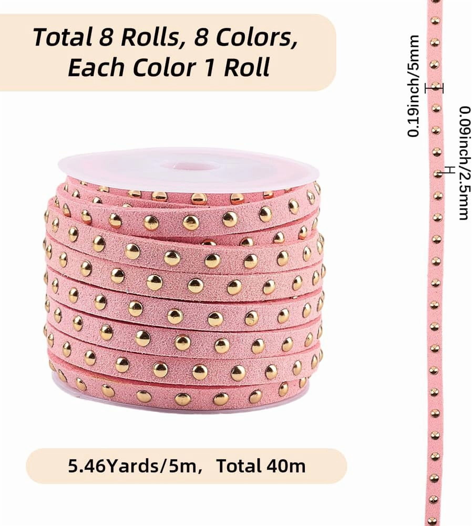 43.7 Yards Studded Suede Cord 8 Colors Flat Microfiber Leather Rope Trim 5mm Lace Beading String Strips Ribbon with Golden Punk Rivets for Jewelry Making Necklaces Bracelets DIY Crafts
