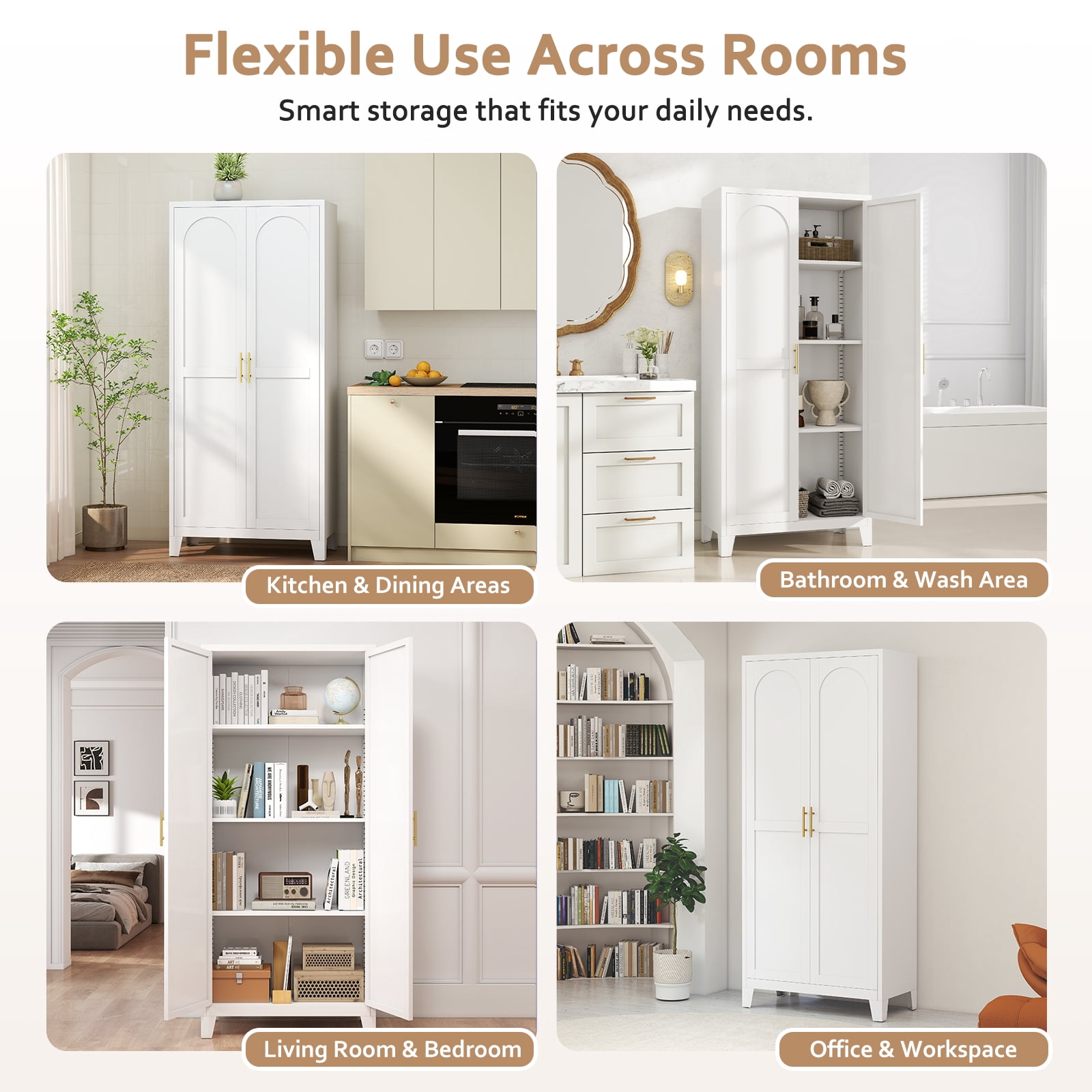 LIZEVINC 61.2in Pantry Cabinet, Metal Shapely Doors Cabinet with Doors and Adjustable Shelves, Food Pantry Cabinet for Kitchen,Dinning Room- Assembly Required(White)