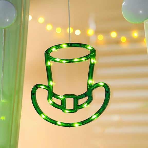 St. Patrick's Day LED Window Lights - Top Hat & Clover Hanging Silhouette Decor, Green Light-Up Ornament for Green Theme Holiday Party, Home Mantel, Window & Indoor Outdoor Decoration