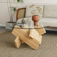 thumbnail image 4 of Hassch 33.4 Inch Round Coffee Table, Mid-Century Modern Circle Cocktail Table w/ Glass Top with MDF Legs, Rustic Center Table for Living Room (Natural), 4 of 8