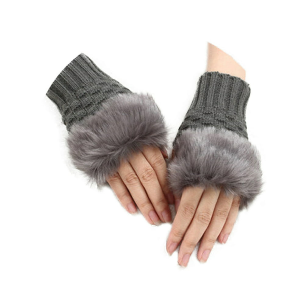 Women's Faux Fur Furry Fingerless Wrist Hand Warmer Knitted Mittens ...