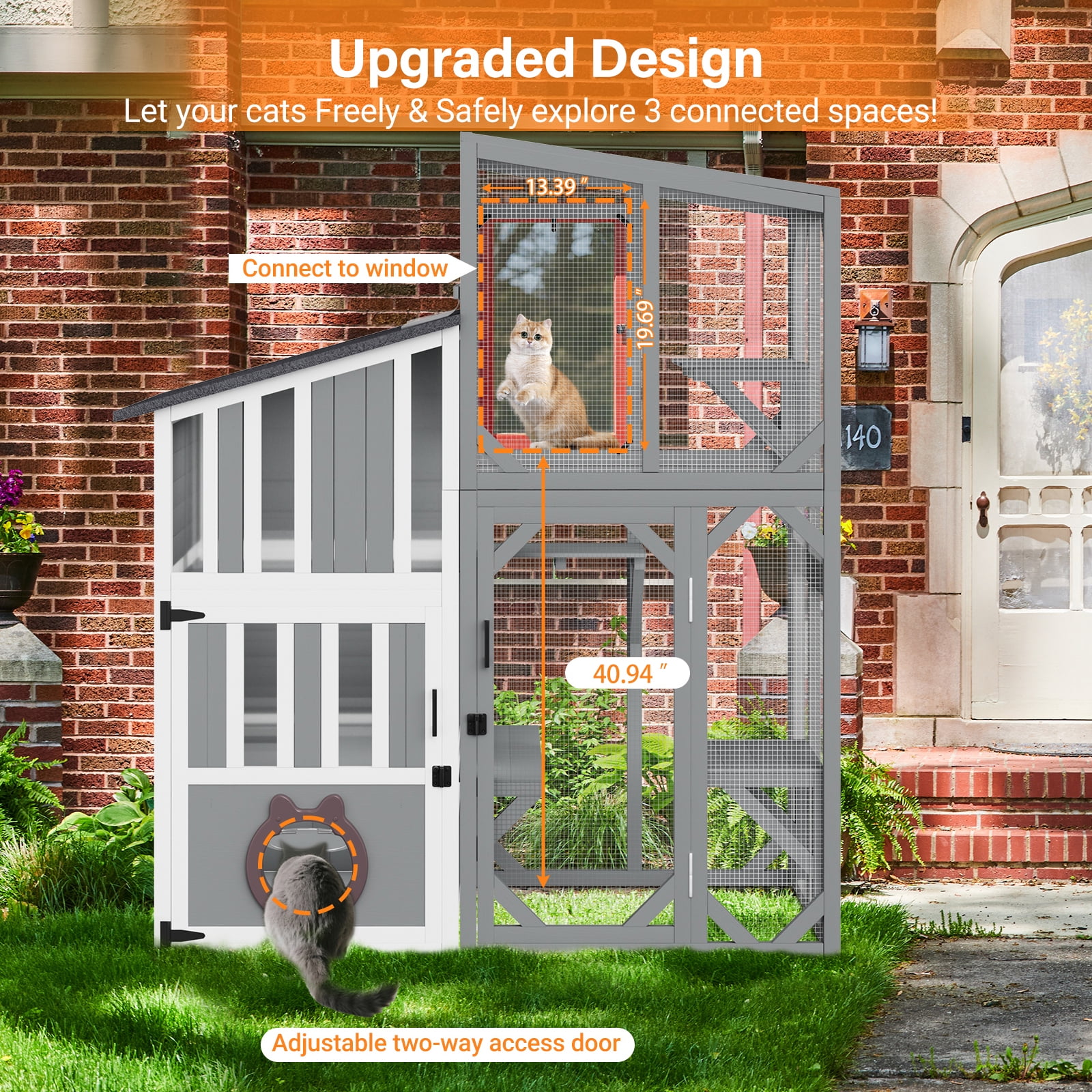 HomeSheek 3-Tier 69" Outdoor Cat Enclosure, Weatherproof Roof with Window Access & Adjustable Two-Way Hole, 3 Platforms & Resting Areas Indoor/Outdoor