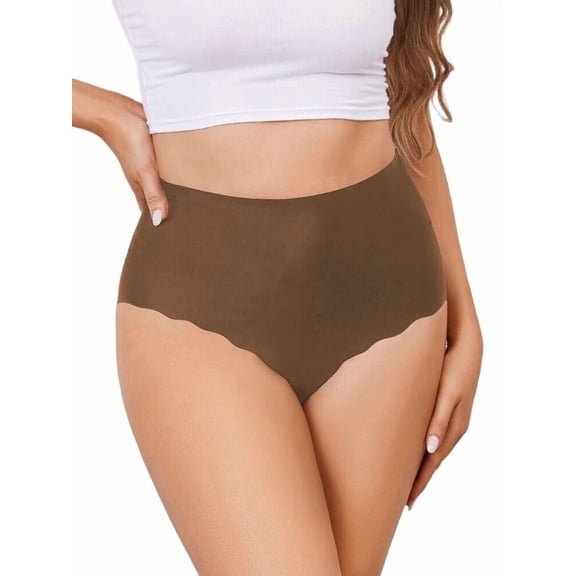 Women No Show High Waisted Panties Tagless Wave Edge Full Coverage Ladies Briefs Coffee Brown L