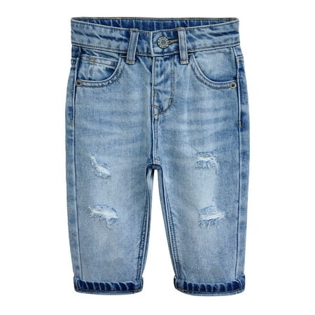 KIDSCOOL SPACE Infant Jeans,Baby Toddler Elastic Band Inside with D-ring4 Ripped Holes Distressed Soft Denim Pants,Light Blue,12-18 Months