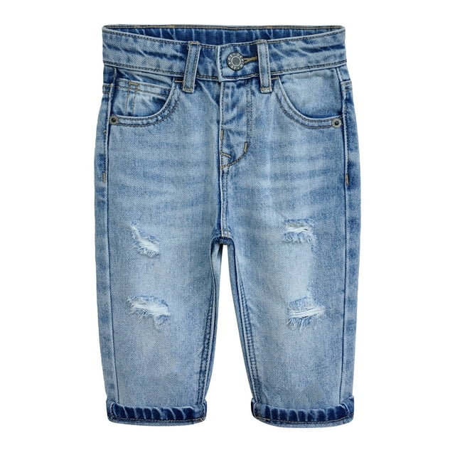 KIDSCOOL SPACE Infant Jeans,Baby Toddler Elastic Band Inside with D-ring4 Ripped Holes Distressed Soft Denim Pants,Light Blue,6-9 Months