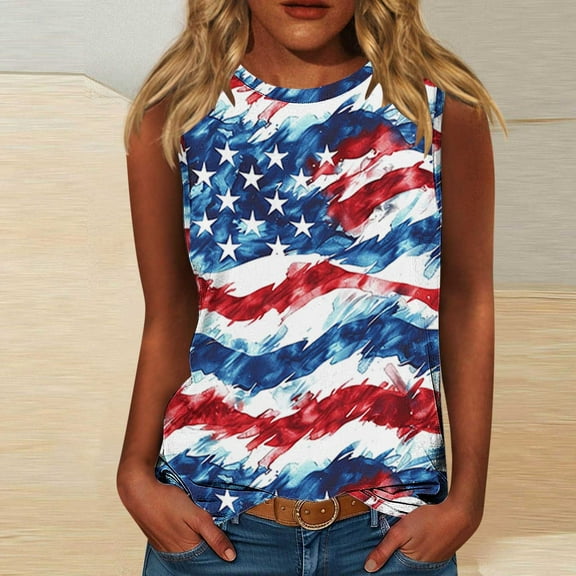 NSLGXD Womens 4th of July Tank Tops Casual Patriotic Red White and Blue Graphic Tshirts Sleeveless Tees Loose Fit Crew Neck Tee Tops Work Blouses for Women